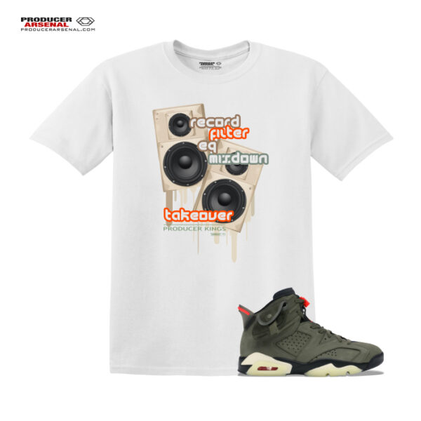 Producer Kings Takeover Model 3 Men's Classic White tee with melting Studio Monitors Match your Kicks:  Jordan 3 Retro Tinker Black Cement Gold The sneaker is only displayed to show how matching can be fashionable.